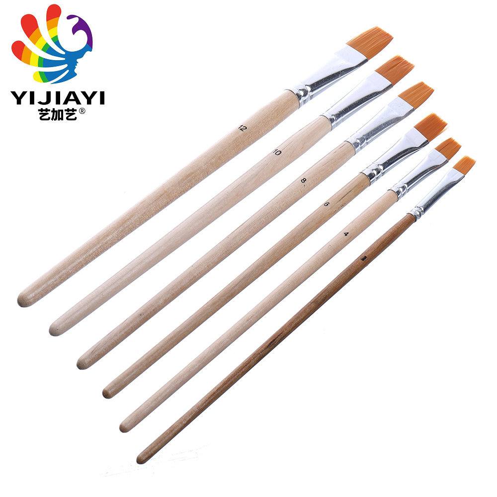 YIJIAYI 6-piece set of water-clear wooden pen barrel, aluminum tube and artificial fiber bristles oil painting brush. The head shape is available for selection details Picture