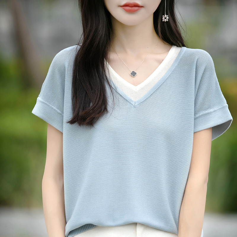 A new light and thin Tencel V-neck pullover top for women in spring and summer with a color-blocking design and a knitted short-sleeved casual T-shirt