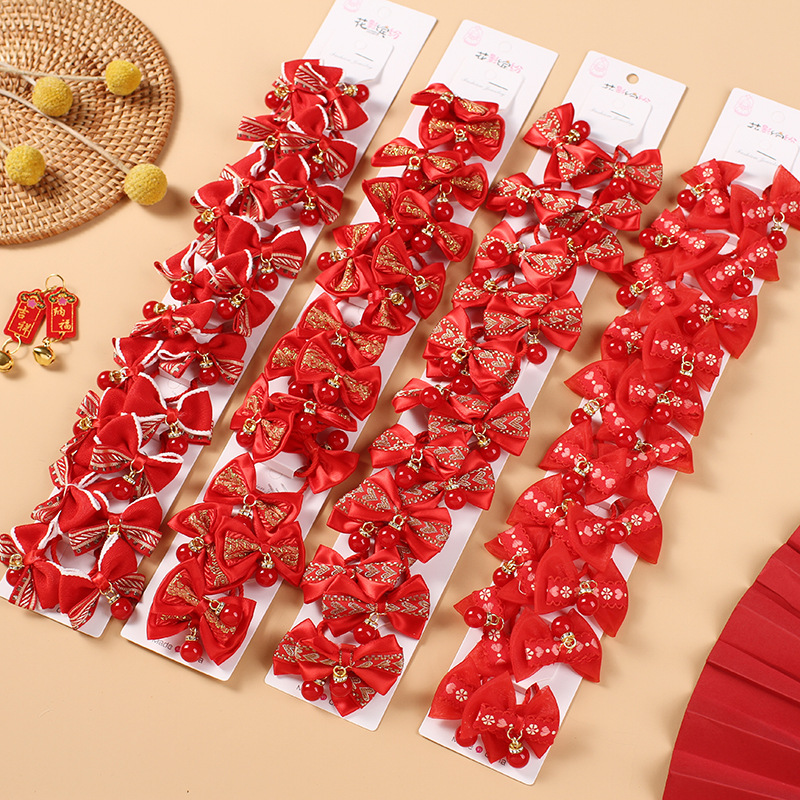 新年儿童发圈大红喜庆蝴蝶结皮筋中国风流苏刺绣头绳耐用扎发头饰