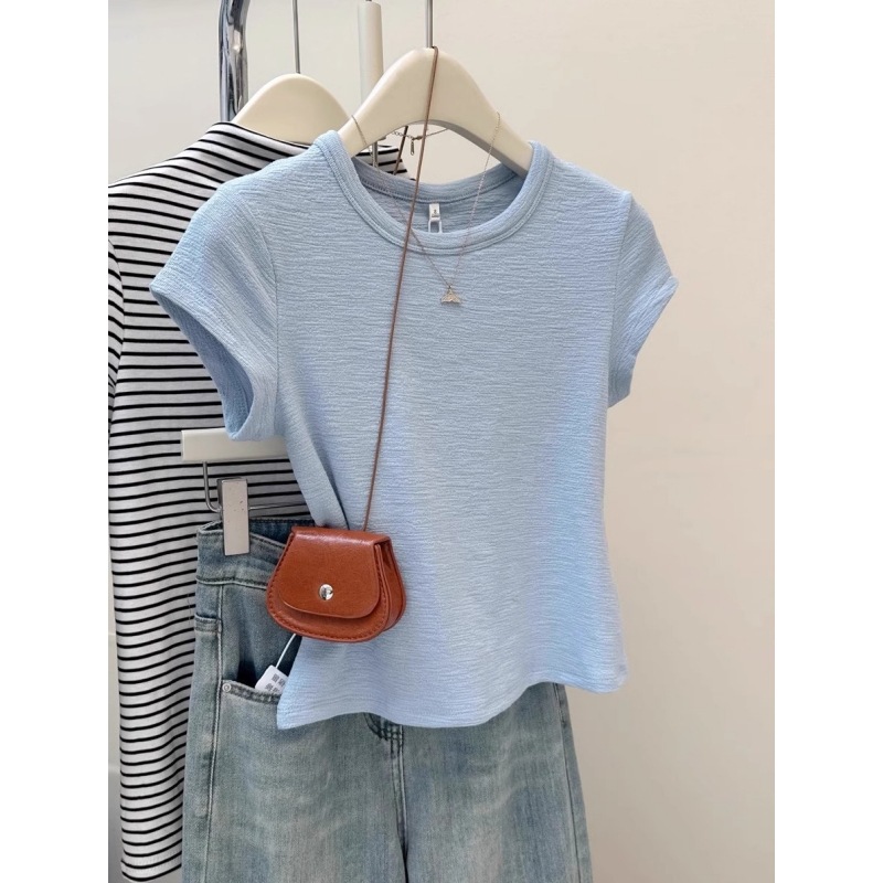 奶蓝色肌理感韩系简约短袖女T恤夏季修身显瘦小众洋气打底衫上衣