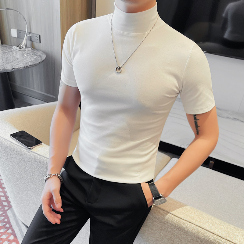 A mature young man's "Starry Sky" powder-sprinkled T-shirt for men, a half-high-neck short-sleeved base layer, a slimming T-shirt, versatile half-sleeved Specification image