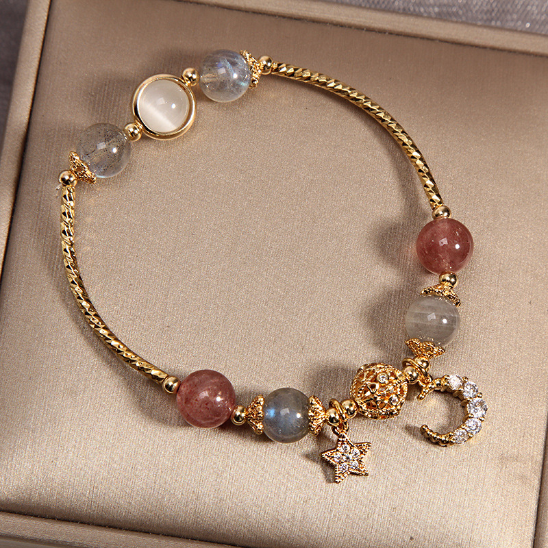 Natural moonstone crystal bracelet for women, strawberry crystal star and moon love bracelet, Instagram niche design Application Scenario