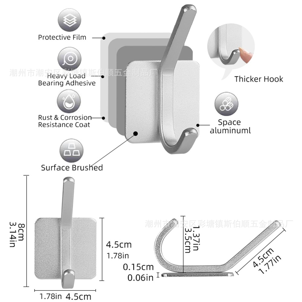 跨境太空铝免钉挂钩浴室衣钩单钩门后金属无痕挂钩厨房卫生间挂钩详情3