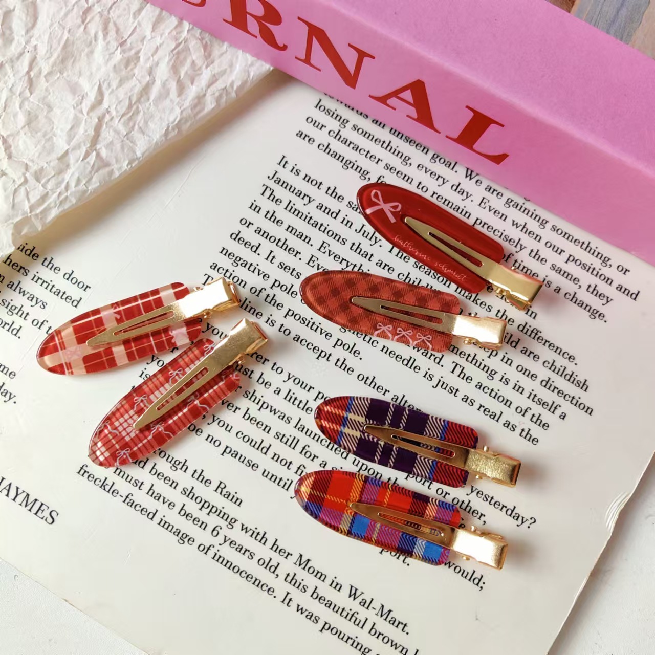 酒红蝴蝶结格纹醋酸无痕夹化妆夹圣诞新年气质刘海夹碎发夹头饰女