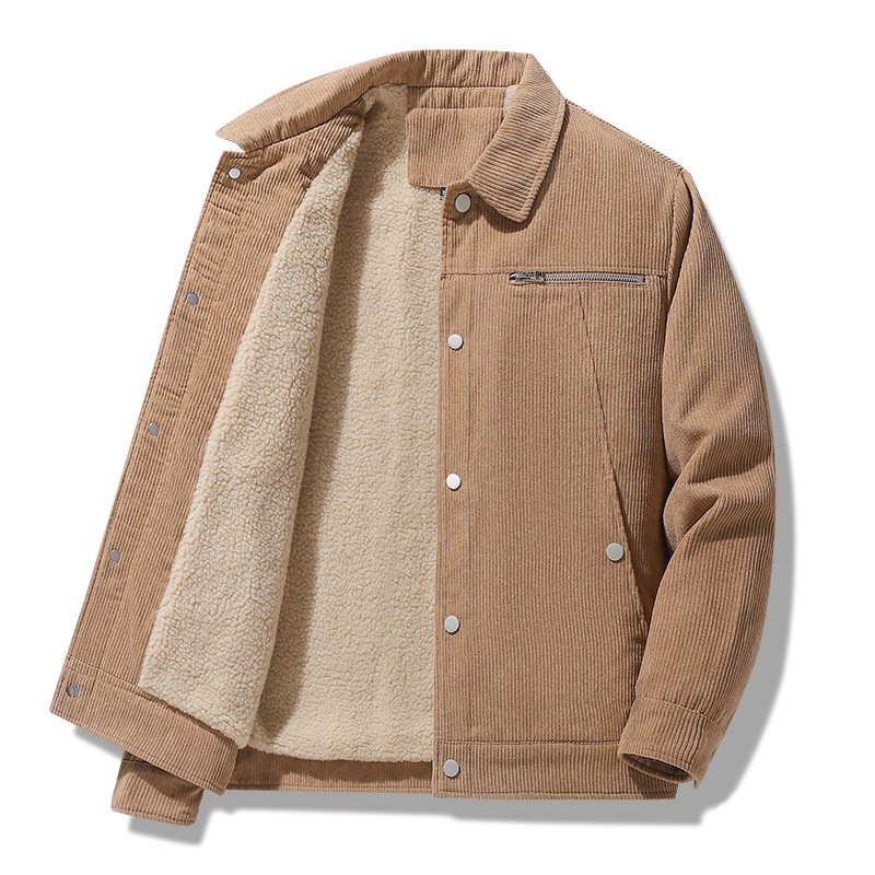 Corduroy cotton-padded jacket, men's autumn and winter lapel coat, middle-aged dad's winter loose, fleece and thickened cotton-padded jacket Application Scenario