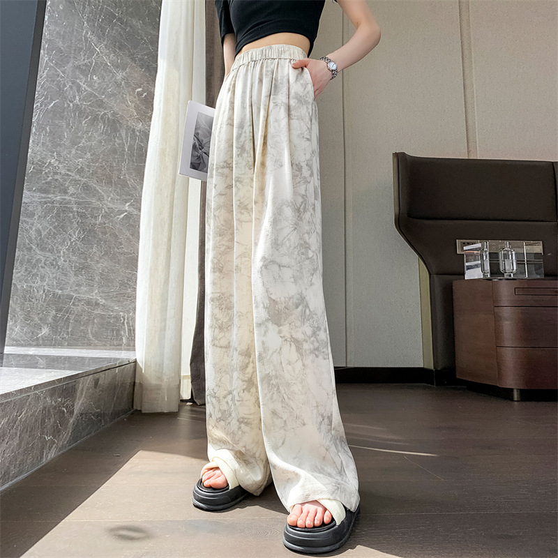 "National Trend ice silk printed wide-leg pants 2025 new summer thin women petite ink-wash painting draping straight-leg pants. Specification image