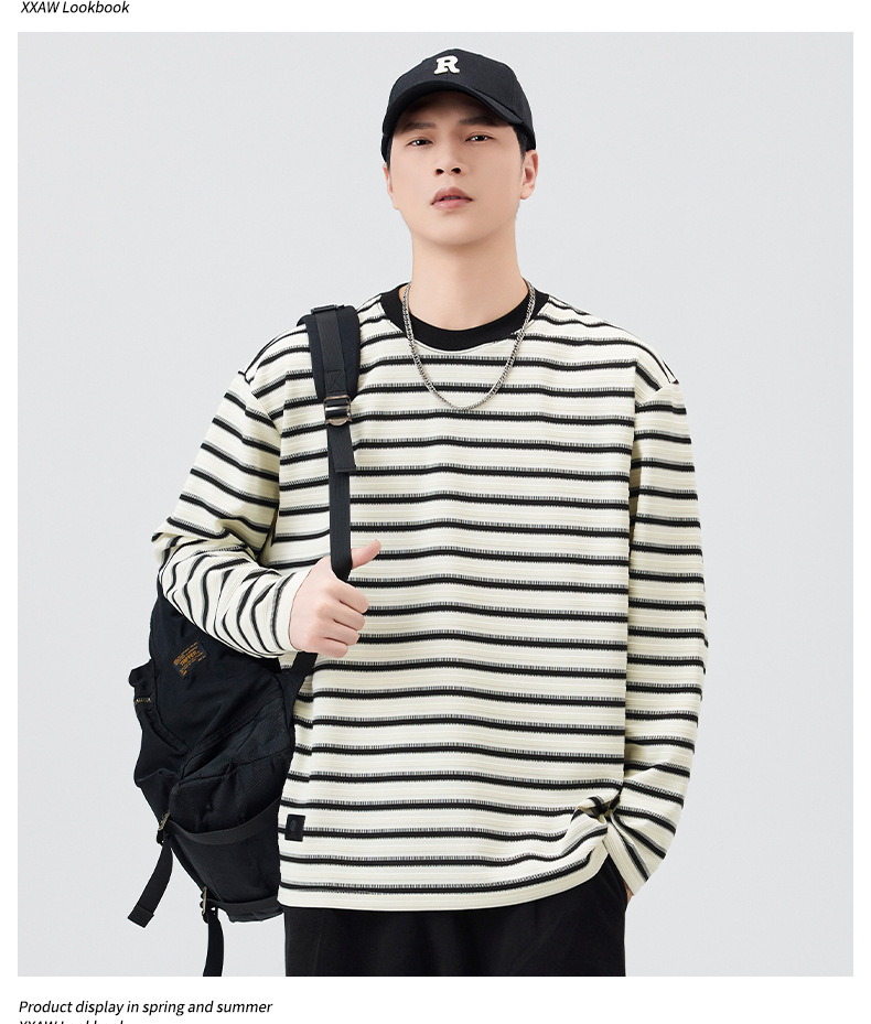 Black striped long-sleeved T-shirt for men, a loose and contrasting color round soul base layer top from the 2025 autumn fashion brand pic 7
