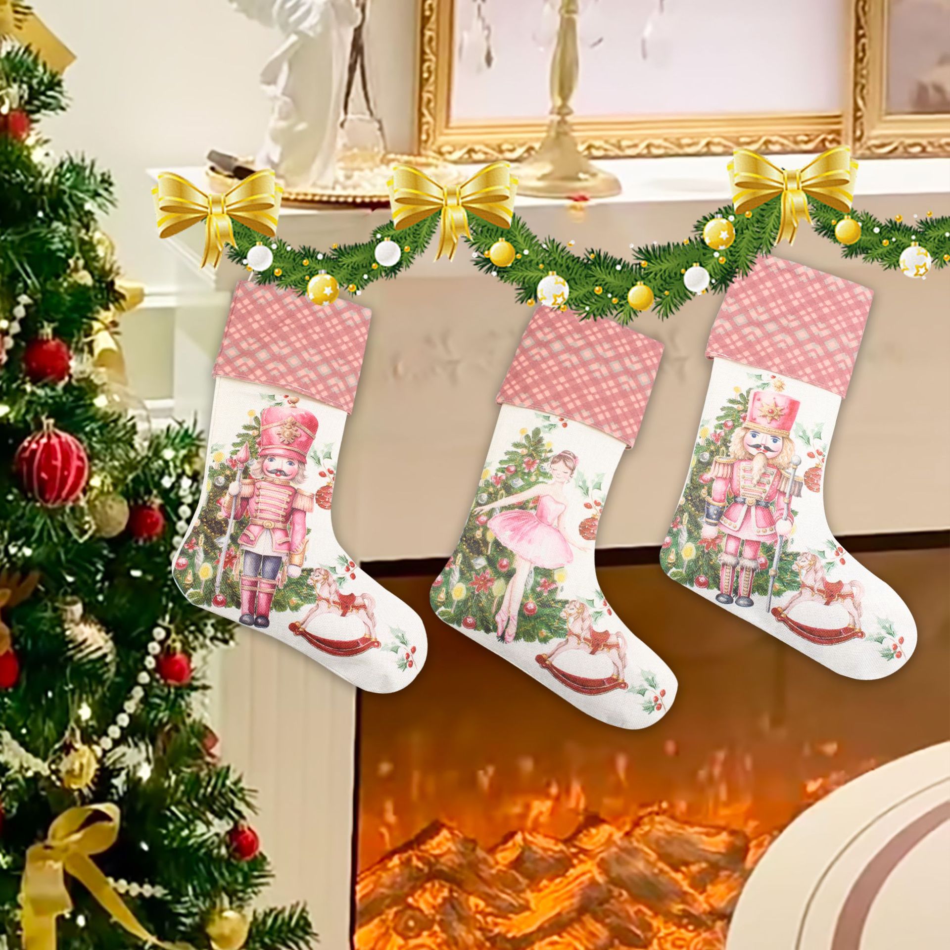 New cross-border Christmas decorative walnut Christmas stocking candy gift bag with pink nutcracker decoration