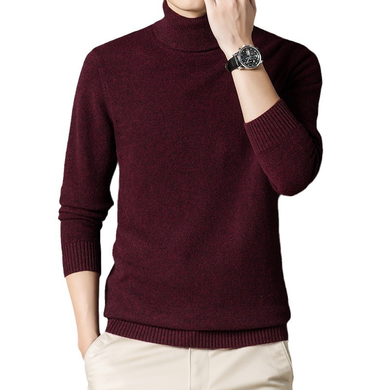 New men's high-neck thickened solid color sweater made of pure wool for autumn and winter, 440g men's casual Korean-style base layer wool sweater Item Picture