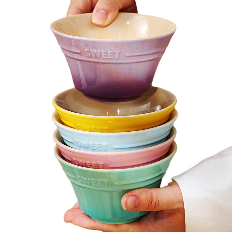 美式渐变彩虹色陶瓷碗LC米饭碗酷彩家用餐具INS可爱蒸蛋碗小汤碗详情图5
