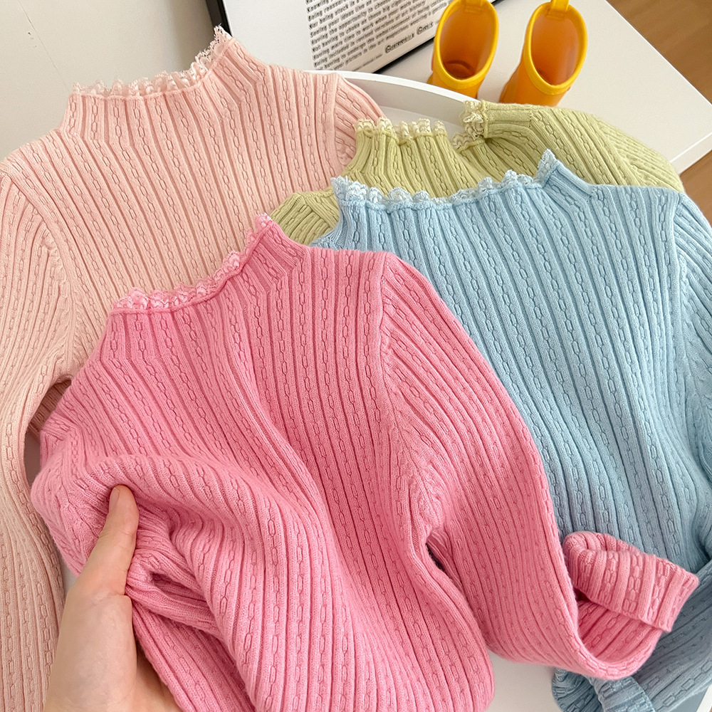 2022 Autumn and winter: Girls' pullover sweaters, princess knitted sweaters, baby girls' lace-neck clothes, children's woolen base shirts Application Scenario