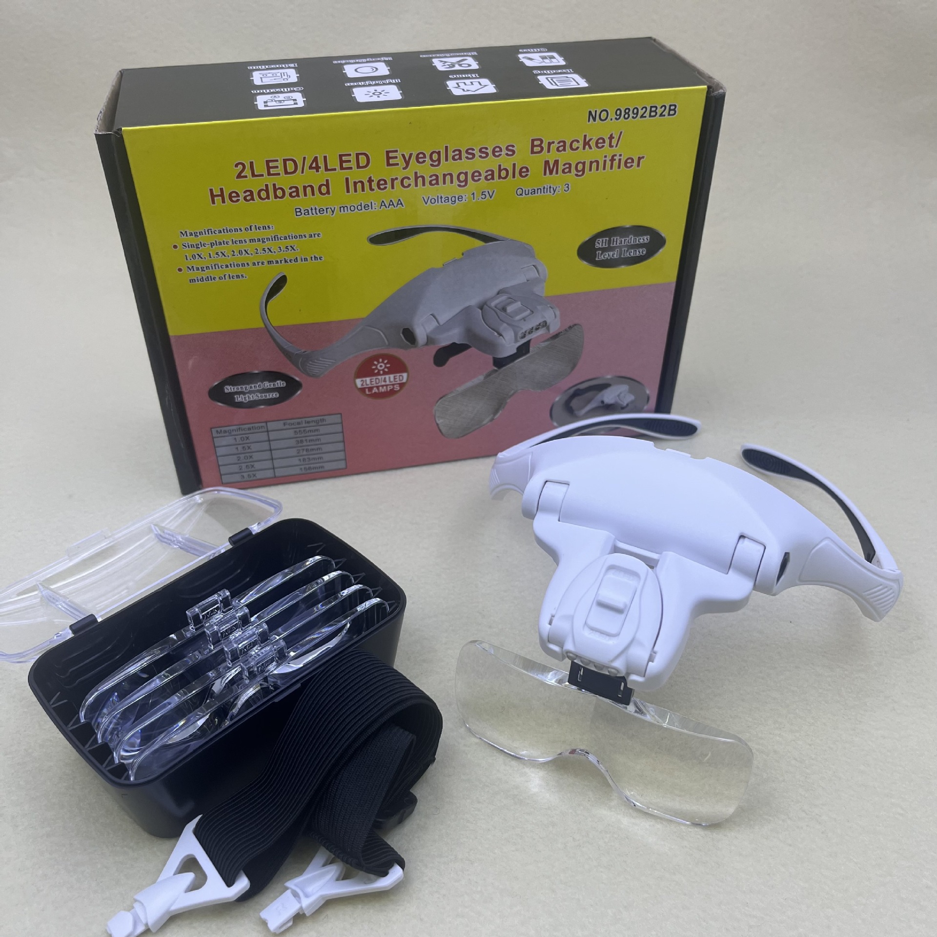 Wholesale of the new 9892B2B head-mounted glasses magnifying glass with 4LED battery and 5 sets of lenses on cross-border Amazon