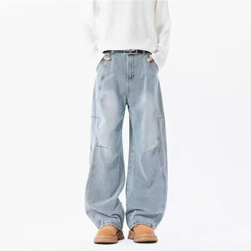 FUIV American high street jeans, men's spring pleated wide-leg pants, loose straight-leg washed stylish casual pants Specification image