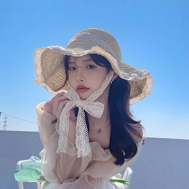 Hat Lady Lace Lace Straw Hat Summer New Travel Tie Day Tie Sweet Visor Outdoor Fisherman Hat