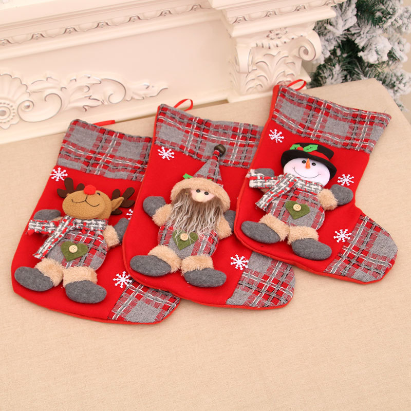 Cross-Border New Three-Dimensional Large Christmas Socks Gift Bag Santa Bells Plaid Socks Christmas Decorations Specification drawing