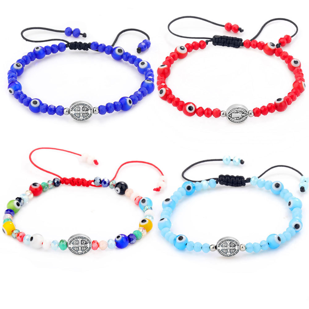 Europe And The United States Foreign Trade Hot Glass Evil Eyes Turkish Demon Eyes Crystal Beaded Bracelet Retro St. Benedict Religious Woven Bracelet Couple Gift String Manufacturers Wholesale