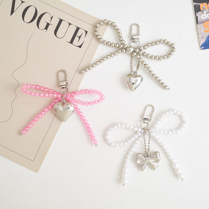 New Korean Instagram sweet girl pearl bow silver heart pendant, keychain, phone chain, earphone pendant details Picture