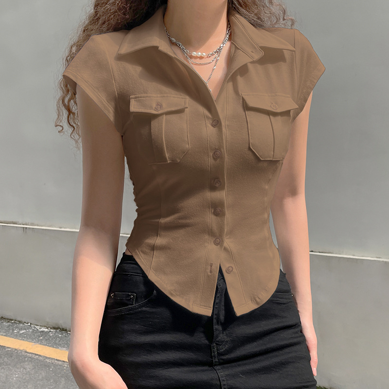 2022 European and American foreign trade women's fashion solid color elegant lapel pocket button slimming short-sleeved shirt top Specification image