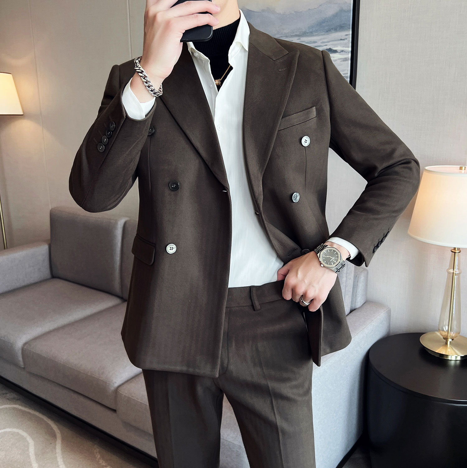 Thickened autumn and winter Korean-style men's slim-fit lapel double-breasted suit set, two-piece suit set, casual trousers