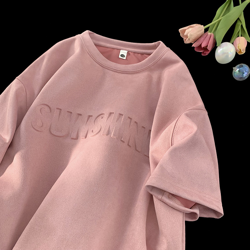 A new bestseller for spring and summer: American minimalist steel print three-dimensional letter printed suede fleece round neck half-sleeve T-shirt Specification image