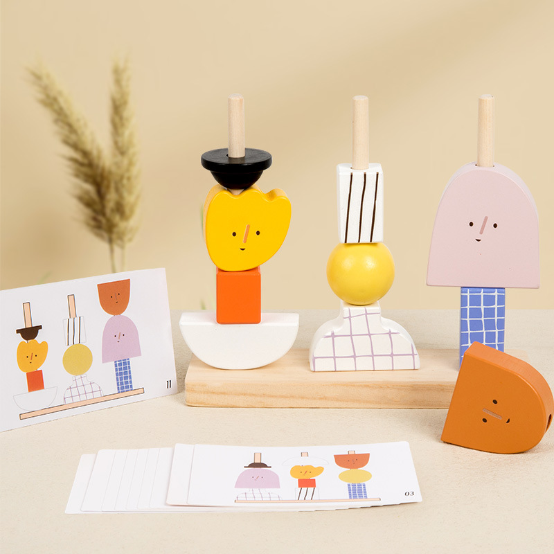 儿童角色人物创意拼插木制套柱积木宝宝看图拼搭早教益智力玩具