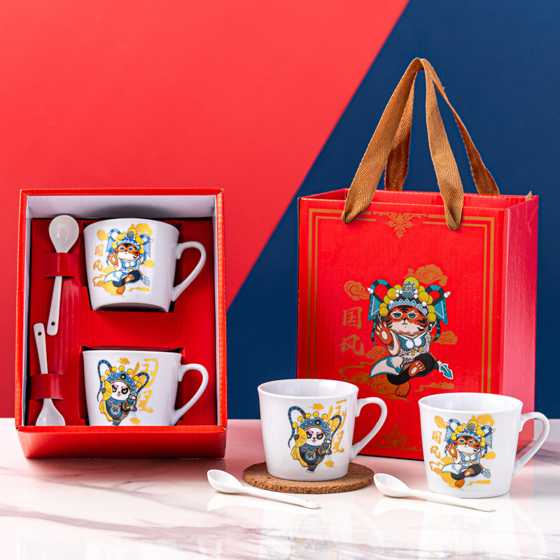 Creative Ceramic Cup Cartoon Double Cup Opening With Hand Gift Event Gift Box Mug Mug Printed Logo Application Scenario