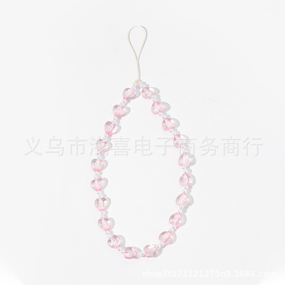 European and American pearl heart-shaped heart mobile phone chain, pink girlish heart diy mobile phone case pendant bracelet, women's mobile phone lanyard Specification image