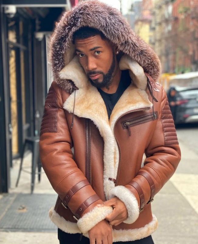 Aliexpress Independent Store wish Cross-border Brown large fur collar hooded, fleece and thickened men's leather jacket 6572 details Picture