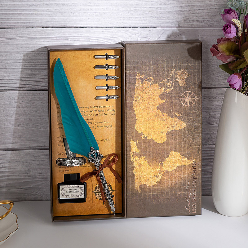 Carved quill feather European retro quill pen set, cross-border dip pen from Europe and America, advertising gift quill pen customization Specification drawing