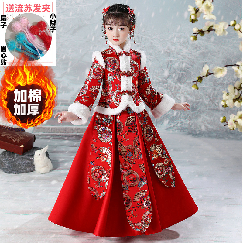 汉服女童过年中国风唐装红色宝宝拜年服新年冬装儿童古装加厚冬季