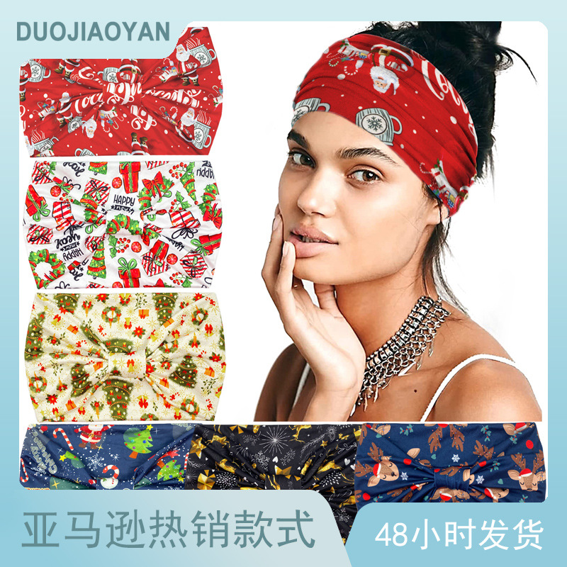 A new Christmas printed hair band from Europe and America, with an elastic tie at the edge and a cartoon Santa Claus headscarf and hair accessory full figure