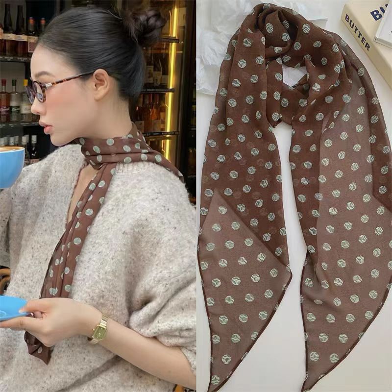 Brown polka dot silk scarf print, a high-end and versatile accessory for women, a 2025 new style hair band long scarf for tying hair Application Scenario