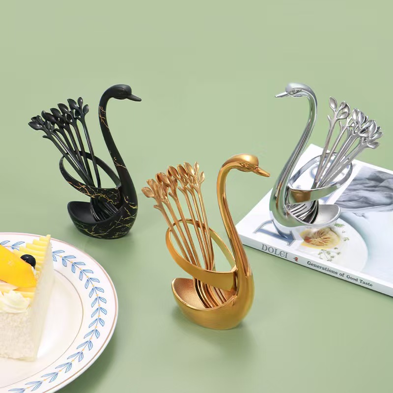Wholesale Cross-Border Stainless Steel Wing Spoon And Fork Fruit Fork Pick Leaf Dessert Spoon Creative Swan Base Combination Set Specification drawing