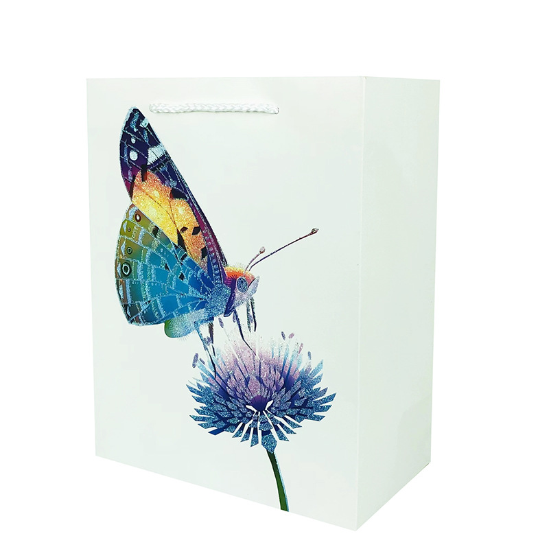 Best Packaging Stock 210G White Cardboard Glitter Butterfly Vertical Bag Tote Bag Gift Bag Shopping Bag Cross-Border Paper Bags Item Picture