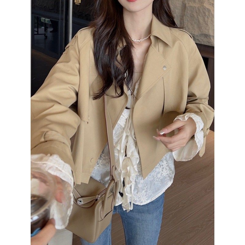 Khaki Trench Coat Short Coat Women 2024 Spring And Autumn New Design Small Loose With Retro Top Tide details Picture