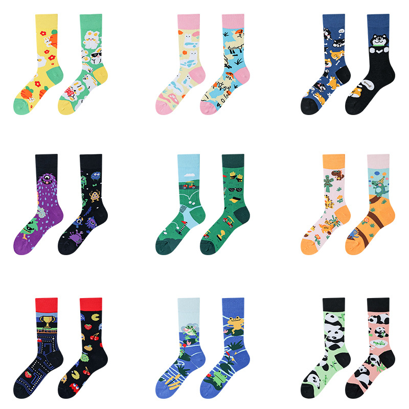 Original Design Men And Women Ab Asymmetrical Tide Socks Ins Style Street Personality Cartoon Ab Creative Men And Women's Mid-Tube Socks Item Picture