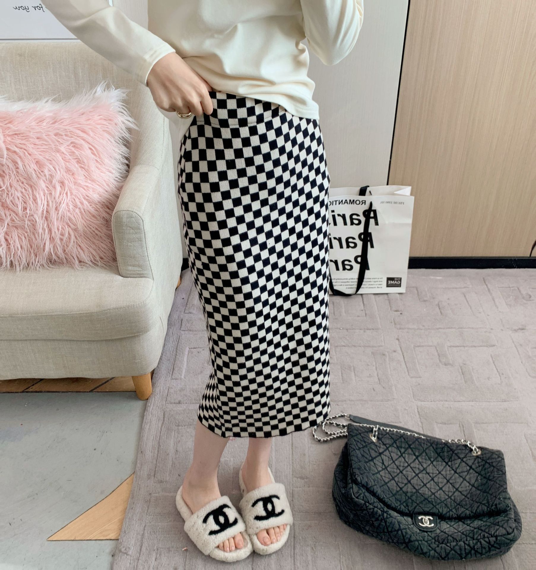 H0030 Retro autumn and winter Edition Fashionable, simple and slimming checkerboard mid-length slit knitted skirt