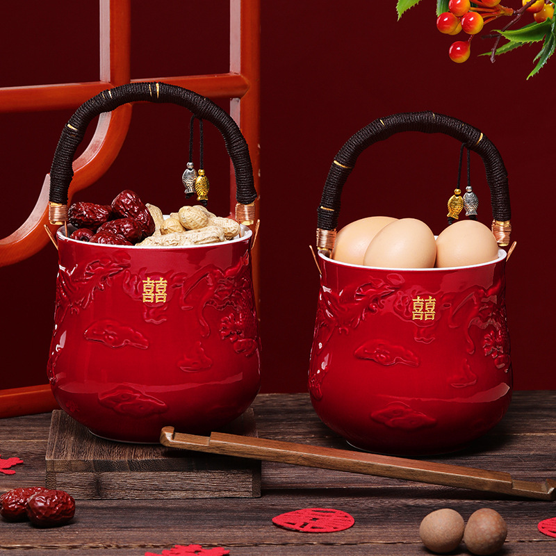 A pair of wedding buckets for children and grandchildren, a comprehensive list of items for the bride's dowry, red wedding buckets and treasure buckets for the bride's family's wedding, decorative ornaments Application Scenario