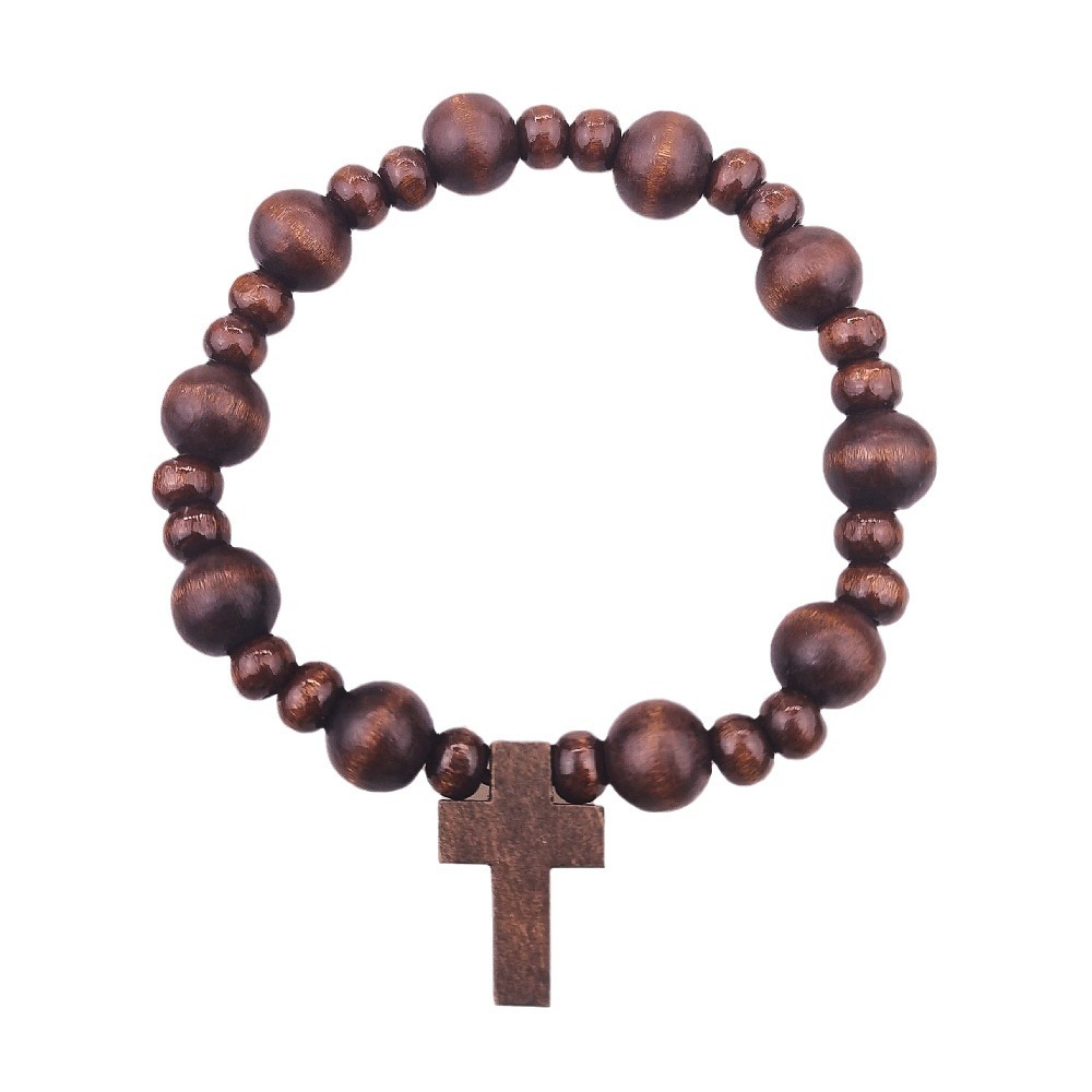 Europe And The United States Cross-Border Amazon Temu Foreign Trade Selling Retro Wood Bead Cross Bracelet For Men And Women Handmade Elastic Bracelet Couple Jewelry Item Picture