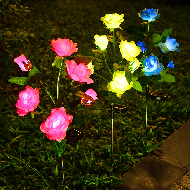 Solar rose flower lamp, stainless steel silk fabric 6-head 7-head LED simulation flower field insert lamp, courtyard decoration lawn lamp details Picture