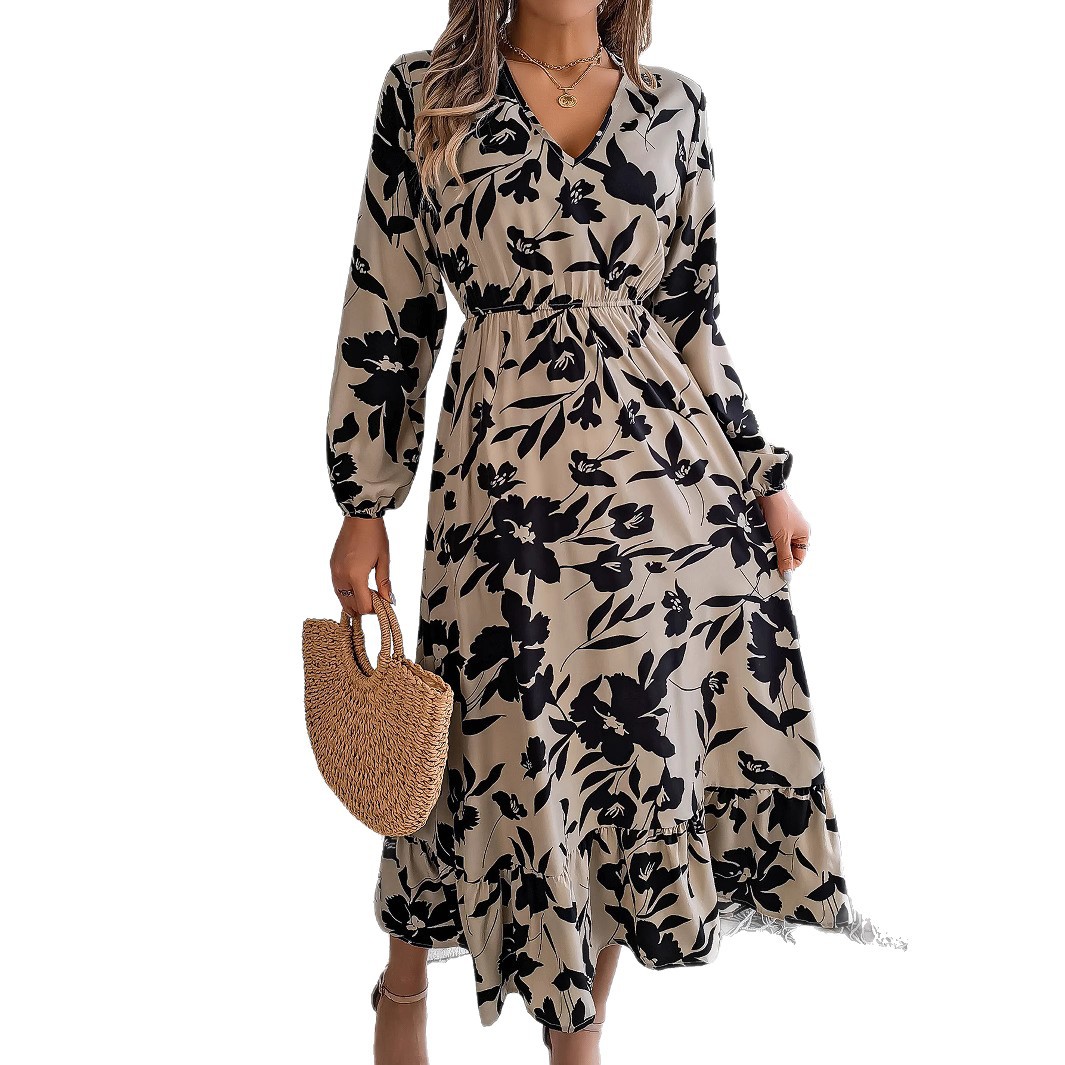 Real shot 2025 European and American autumn and winter casual flower-shaped waist-cinching long-sleeved ruffled dress, independent station foreign trade women's clothing Item Picture