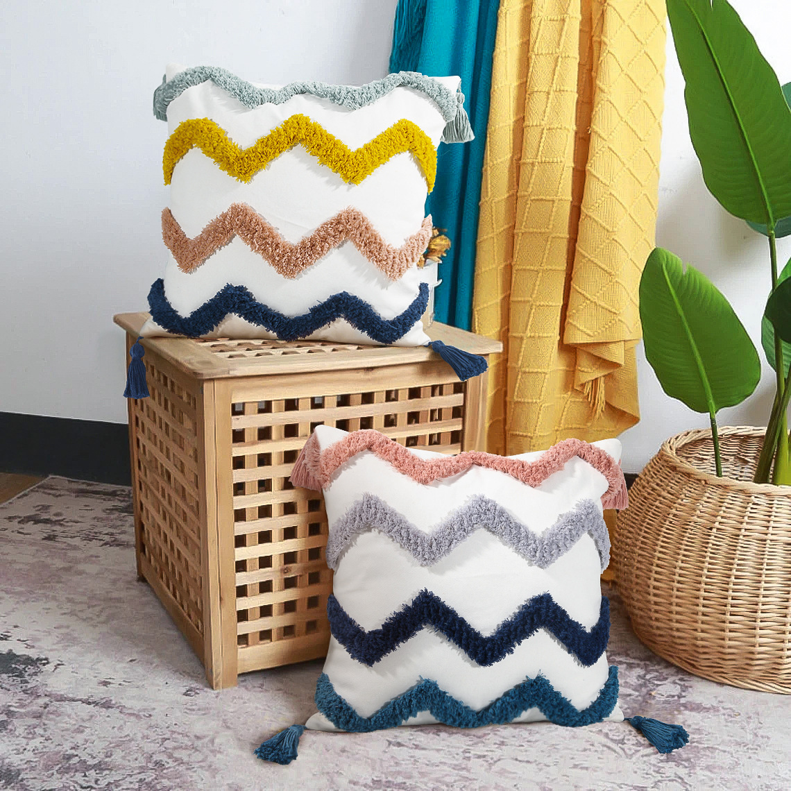 北欧风摩洛哥风格波浪线多色簇绒抱枕套双色手工流苏沙发靠垫套