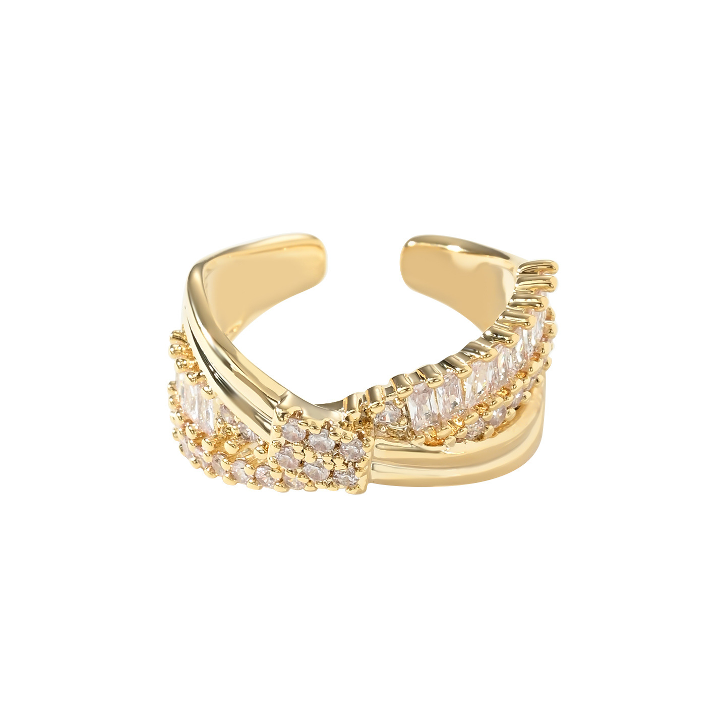 Wholesale of genuine gold electroplated zircon individual open ring with a sense of high-end women's geometric cross ring and exquisite index finger ring Item Picture