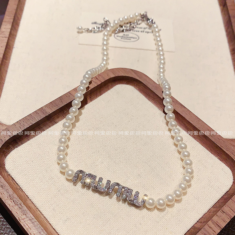 镶钻字母珍珠项链韩国时尚小众设计感简约圆珠链颈链网红气质项饰详情8