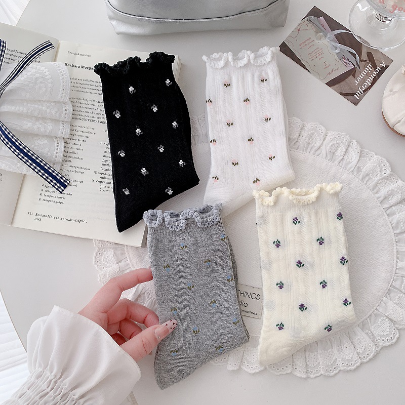 Sock stall, one-piece consignment service, small floral socks, women's mid-calf socks, spring and summer versatile, fresh and delicate lace artistic style, postpartum socks, thin summer long socks, one-piece consignment service full image