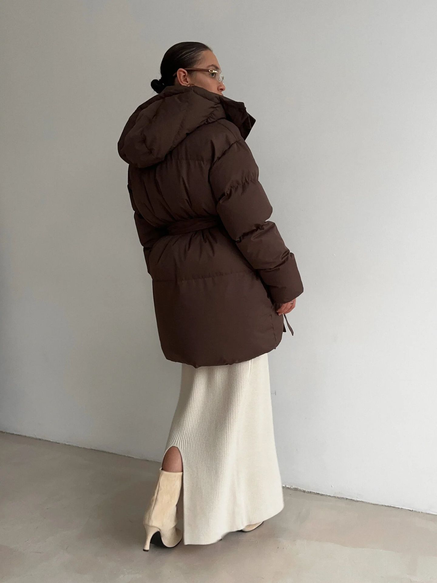 European and American style 2025 casual waist-cinching slimming hooded mid-length bread cotton-padded jacket for women, thickened cotton-padded jacket jacket in brown pic 11