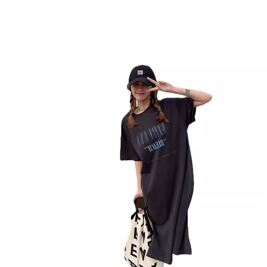 Summer new short-sleeved loose and baggy printed slit mid-length dress T-shirt casual and fashionable dress Item Picture