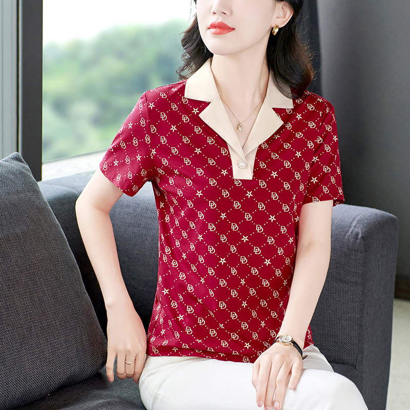 Short-sleeved T-shirt for women, 2024 new style polo shirt for middle-aged and elderly mothers in summer, sporty lapel top, stylish
