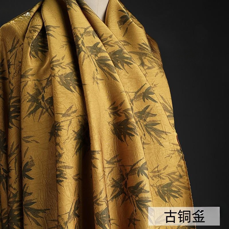 国潮竹子仿醋酸面料 中国风黑色撒金绸缎古金柔软垂感布料产品图