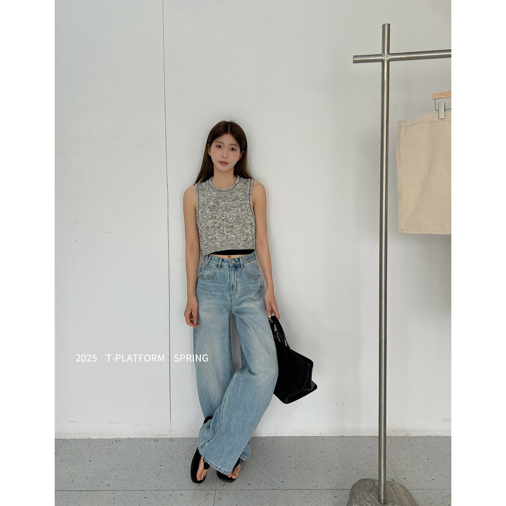 T台广州十三行 春款小众设计感拖地裤高腰无弹阔腿牛仔裤女25075